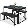 Modern 3-Piece Dining Set - Metal Frame Black Wood Top Table and 2 Bench Chairs