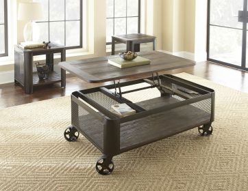 Rustic Wire-Brushed End Table- Urban Suburban Style - Wire Mesh, Industrial Wheels, Rustic Wood Effect