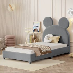 Twin Size Upholstered Platform Bed with Bear Ear Shaped Headboard, Gray