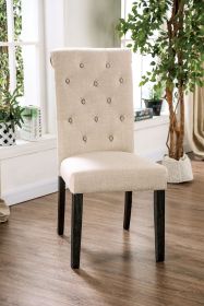 Classic Ivory Set of 2 Side Chairs Button Tufted Linen Like Fabric Solid wood Chair Upholstered Scroll Back Kitchen Rustic Dining Room Furniture