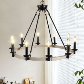 Rustic Farmhouse 10-Light Candle Chandelier, Black Metal and Wood Round Hanging Light Fixture for Dining Room, Kitchen, Living Room, Adjustable Height