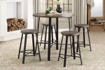 Rustic Industrial Style 5pc Counter Height Set Round Table and 4 Stools Gray Metal Finish Furniture