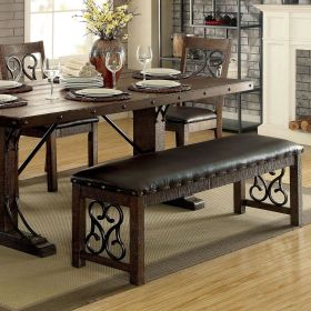 Traditional 1pc Bench Dining Room Leatherette Espresso Seat Rustic Walnut Finish Wooden Bench