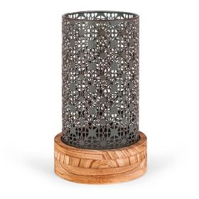 Gerson 12.2 in H Metal Rustic Brown Cylinder Lantern with Wooden Base