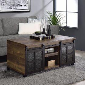 Rustic Oak and Black Coffee Table with Sliding Doors