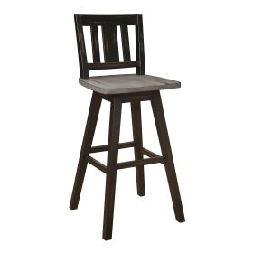 Pub Height Chairs Set of 2, Distressed Gray and Black 360-degree Swivel Chair Solid Rubberwood Furniture, Vertical Slat Back Bar Chairs