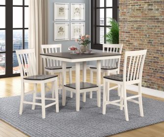 Rustic Farmhouse Transitional 5-Pc Counter Height Dining Set Square Table Wood Top Bottom Display Shelf Chair Wooden Dining Room Furniture Gray/White