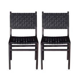 Upholstered Dining Chair Set of 2, Genuine Leather Woven Side Chair, Rustic Hardwood Frame, Black