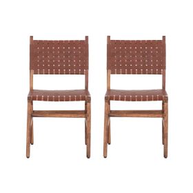 Upholstered Dining Chair Set of 2, Genuine Leather Woven Side Chair, Rustic Hardwood Frame, Brown