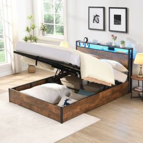 Lift-up Storage Bed Frame, Queen Size Bed Frame with Bookcase Headboard & LED Lights, Wooden Platform Bed Frame with Charging Station