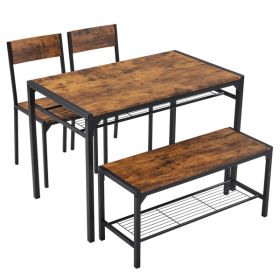 Dining Table Set for 4, Kitchen Table with 2 Chairs and a Bench, 4 Piece Kitchen Table Set for Small Space, Home Kitchen Bar Pub Apartment, Rustic Bro