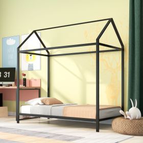 House Bed Frame Twin Size , Kids Bed Frame Metal Platform Bed Floor Bed for Kids Boys Girls No Box Spring Needed Black