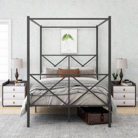 Metal Canopy Bed Frame, Platform Bed Frame with X Shaped Frame Full Black