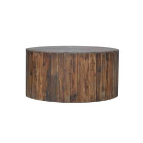 36 Inch Round Drum Coffee Table, Classic Plank Design, Rustic Brown Wood