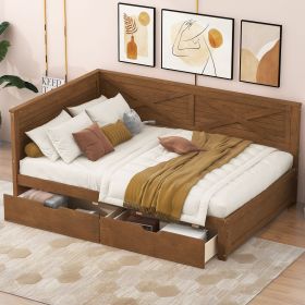 Twin Size Wood Daybed with 2 Drawers and Rustic Guardrail, Ancient Brown