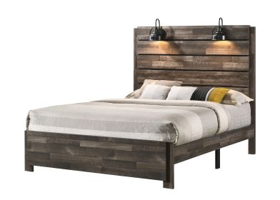 1pc Rustic Style Butcher Block Finish Weathered Brown Finish King Size Bed w/ Lamp Wooden Bedroom Furniture