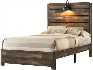 1pc Rustic Style Butcher Block Finish Weathered Brown Finish Full Size Bed w/ Lamp Wooden Bedroom Furniture