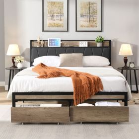 FULL Size Metal Platform Bed Frame with upholstery storage function Headboard and USB LINER and Footboard with drawers, No Box Spring Needed