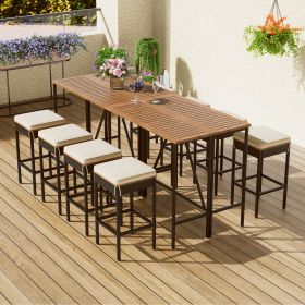 10-Piece Outdoor Acacia Wood Bar Height Table And Eight Stools With Cushions, Garden PE Rattan Wicker Dining Table, Foldable Tabletop, High-Dining Bis