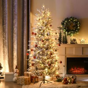 6ft Tall Prelit Artificial Christmas Tree Holiday Décor with 636 Snow Flocked Branches, 250 Warm Yellow Clear Lights, Auto Open, Extra Bulb