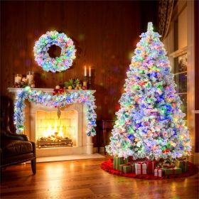 6FT Snow Flocked Christmas Tree, Pre-Lit Set with Tree & Garland & Wreath, Artificial Hinged Xmas Tree with Colorful LED Lights, 8 Lighting Modes