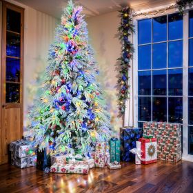 7.5FT Pre-Lit Spruce Snow Flocked Christmas Tree, Artificial Hinged Xmas Tree with 350 Multi-Color LED Lights, 8 Flashing Modes &1389 Snow Branch Tips