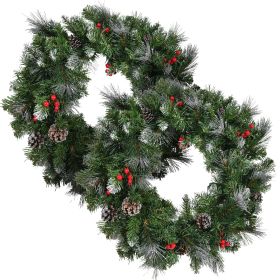 2 Set of 24" Glitter Bristle Mixed Wreath with with 9 Red Berries and 9 Pine Cones and 50 Warm White LED Lights with Timer Battery Operated-Outdoor