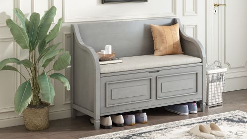 TREXM Rustic Style Solid wood Entryway Multifunctional Storage Bench with Safety Hinge (Gray Wash+ Beige)