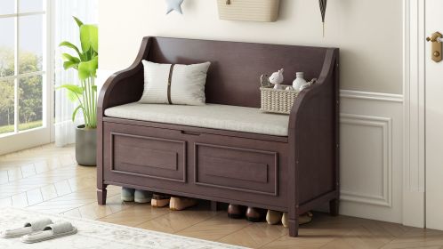 TREXM Rustic Style Solid wood Entryway Multifunctional Storage Bench with Safety Hinge (Espresso + Beige)