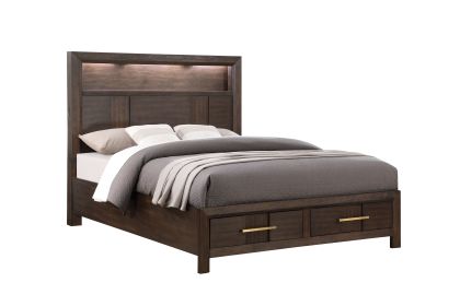 Kenzo Modern Style Queen Bed Made with Wood & LED Headboard with bookshelf in Walnut