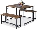 3 Piece Kitchen Table Set with 2 Benches; Wood Dining Table Set for 4-Person Space-Saving Dinette for Kitchen; Rustic Brown