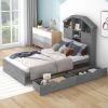 Twin Size Wood Platform Bed with House-shaped Storage Headboard and 2 Drawers, Gray