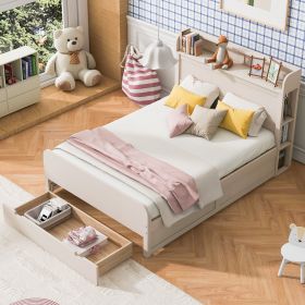 Full Size Platform Bed with Storage Headboard and a Big Drawer, Cream