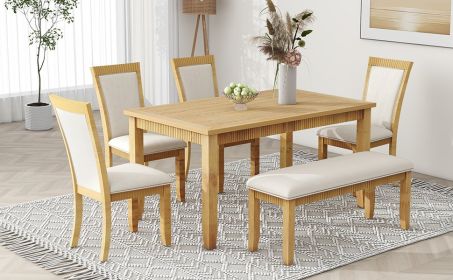 TOPMAX Rustic Solid Wood 6-piece Dining Table Set, PU Leather Upholstered Chairs and Bench, Natural Wood Wash