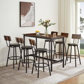 Pub High Dining Table 7 Piece Set, Industrial Style Pub Table, 6 PU Leather Bar Chairs for Kitchen Breakfast Table, Living Room, Bar, Rustic Brown, 47