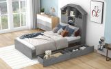 Twin Size Wood Platform Bed with House-shaped Storage Headboard and 2 Drawers, Gray