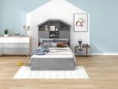 Twin Size Wood Platform Bed with House-shaped Storage Headboard and 2 Drawers, Gray