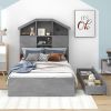 Twin Size Wood Platform Bed with House-shaped Storage Headboard and 2 Drawers, Gray