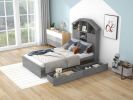 Twin Size Wood Platform Bed with House-shaped Storage Headboard and 2 Drawers, Gray