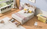 Full Size Platform Bed with Storage Headboard and a Big Drawer, Cream