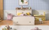 Full Size Platform Bed with Storage Headboard and a Big Drawer, Cream