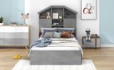 Twin Size Wood Platform Bed with House-shaped Storage Headboard and 2 Drawers, Gray