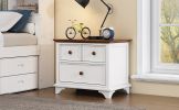 Wooden Captain Two-Drawer Nightstand Kids Night Stand End Side Table for Bedroom, Living Room, Kids' Room, White+Walnut