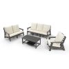 HIPS Loveseat with Cushion, Wood Grain Outdoor Garden Sofa, Sofa Set for Porch, Poolside, Terrace, and Yard Grey/Beige