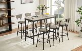 Pub High Dining Table 7 Piece Set, Industrial Style Pub Table, 6 PU Leather Bar Chairs for Kitchen Breakfast Table, Living Room, Bar, Rustic Grey, 47.