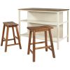 TOPMAX Solid Wood Rustic 3-piece 45" Stationary Kitchen Island Set with 2 Seatings, Rubber Wood Butcher Block Dining Table Set Prep Table Set with 2 O