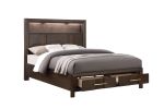 Kenzo Modern Style Queen Bed Made with Wood & LED Headboard with bookshelf in Walnut