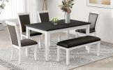 TOPMAX Rustic Solid Wood 6-piece Dining Table Set, PU Leather Upholstered Chairs and Bench, White