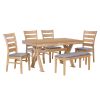 TREXM 6-Piece Retro 59"L Rectangular Dining Table Set, Table with Unique Legs and 4 Upholstered Chairs & 1 Bench for Dining Room and Kitchen (Natural