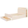 Full Size Platform Bed with Storage Headboard and a Big Drawer, Cream